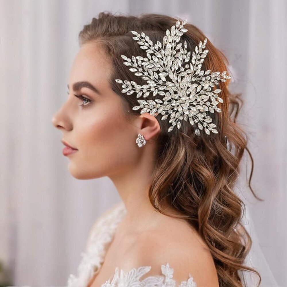 Bridal Rhinestone Headpiece for Wedding,Leaf Crystal Hair Pieces Bride S… - Picture 3 of 6